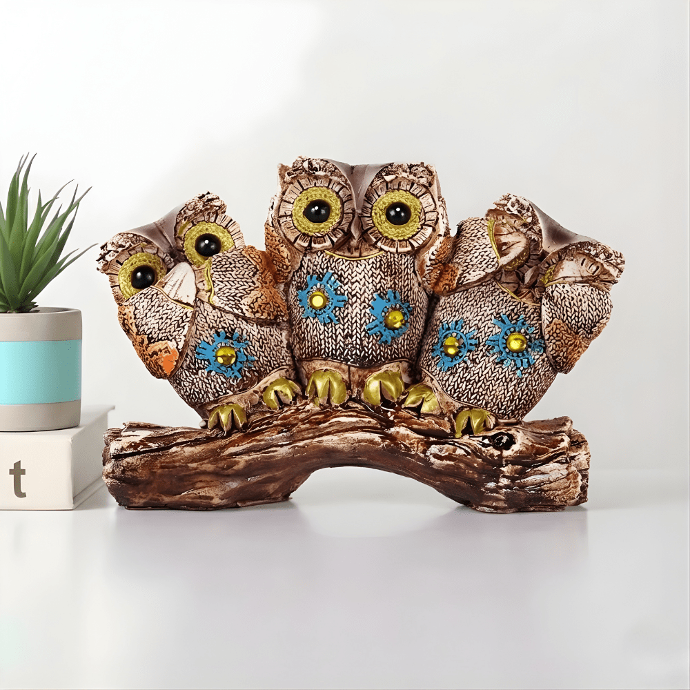 WiseCharm™ Owl Family Showpiece – Resin Decor with Artistic Detailing - Memories InsiteOWL FAMILY SCULPTURE - (GOLDEN)